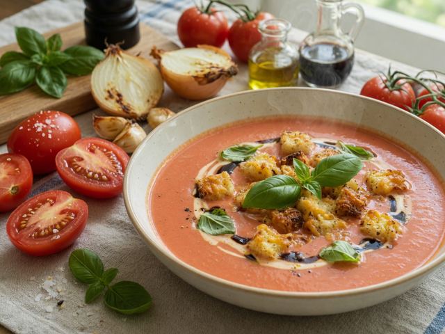 Creamy Roasted Tomato Basil Soup with Cheesy Croutons
