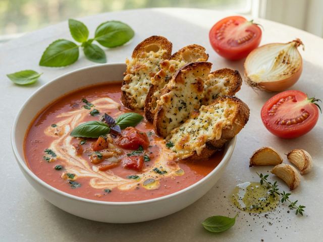 Creamy Roasted Tomato Basil Soup with Cheesy Garlic Toast Soldiers