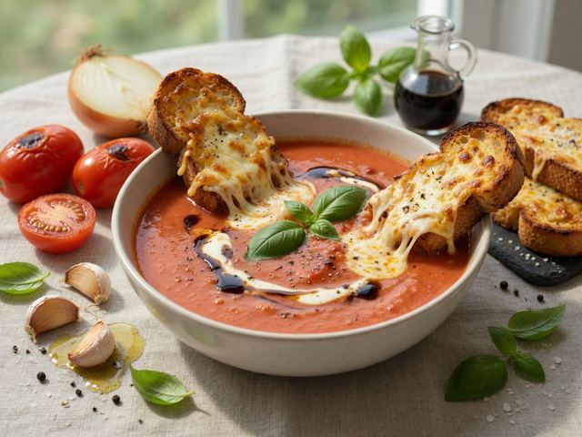 Creamy Roasted Tomato Basil Soup with Cheesy Toast Dippers