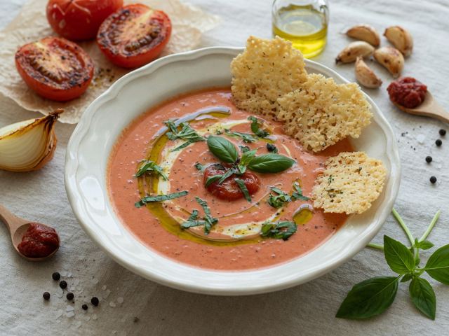 Creamy Roasted Tomato Basil Soup with Parmesan Crisps