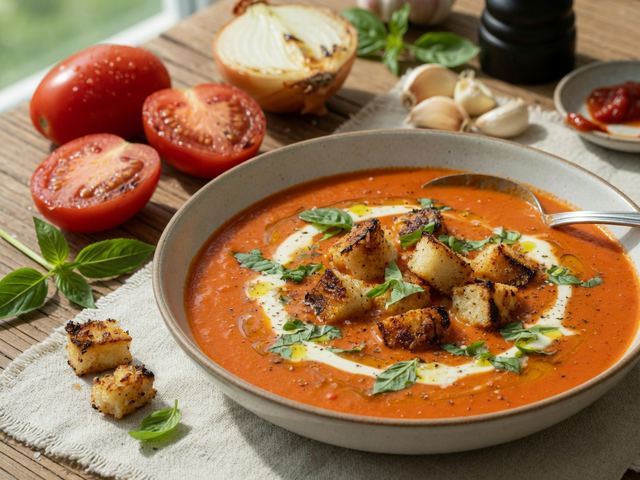 Creamy Roasted Tomato Basil Soup with Parmesan Grilled-Cheese Croutons