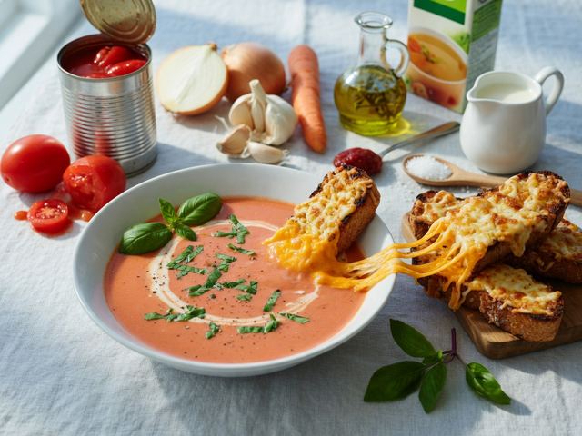 Creamy Tomato Basil Soup with Cheesy Toast Dippers