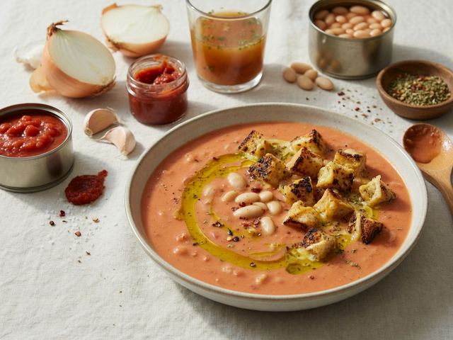 Creamy Tomato White Bean Soup with Grilled Cheese Croutons