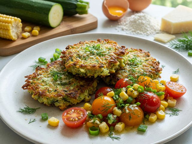 Crispy Air-Fryer Zucchini Fritters with Corn-Tomato Relish