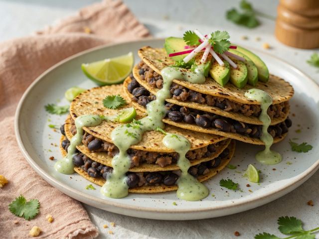 Crispy Black Bean Tostada Stacks with Avocado Crema