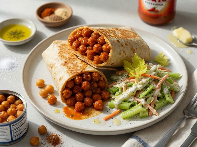 Crispy Buffalo Chickpea Wraps with Ranch Celery Slaw