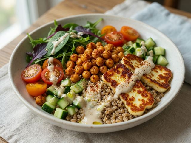 Crispy Chickpea & Halloumi Grain Bowls with Lemon Tahini
