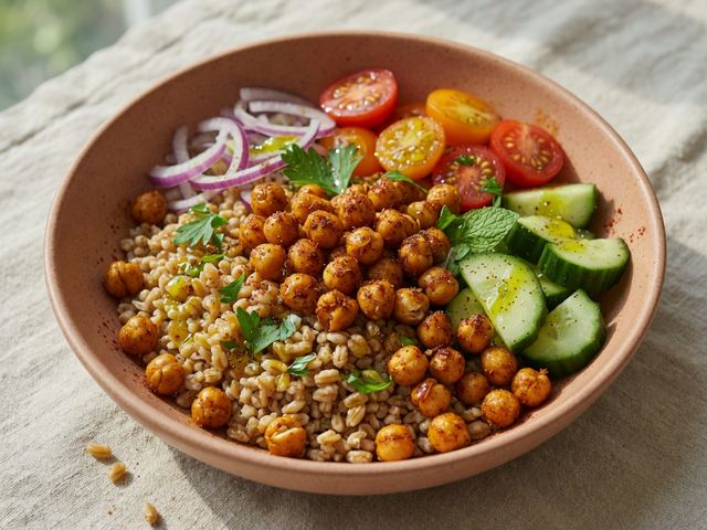 Crispy Chickpea Mediterranean Farro Bowl