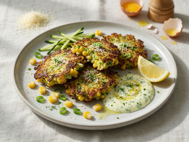 Crispy Zucchini Corn Fritters with Lemon-Herb Yogurt