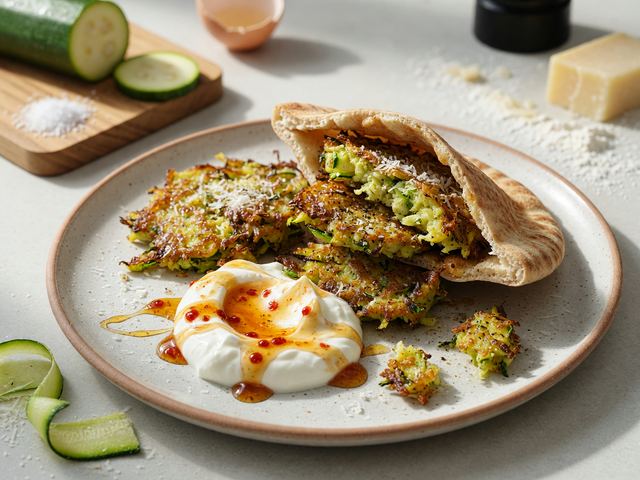Crispy Zucchini Fritter Pita Pockets with Hot Honey Yogurt