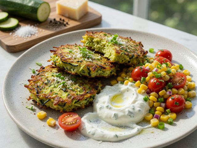 Crispy Zucchini Fritters with Corn Relish & Yogurt