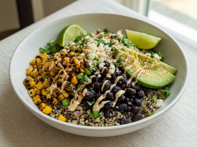 Elote-Charred Corn & Black Bean Quinoa Lunch Bowls