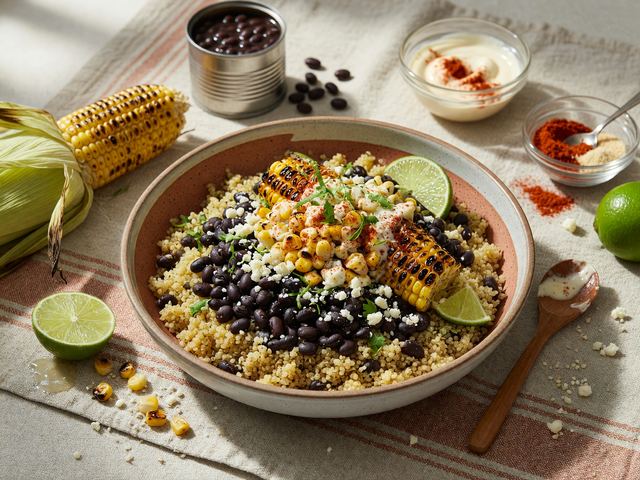 Elote-Style Charred Corn & Black Bean Quinoa Bowls