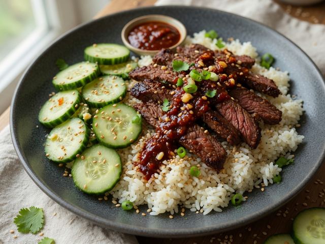 Gochujang Beef Rice Bowls with Quick Cucumber Pickle