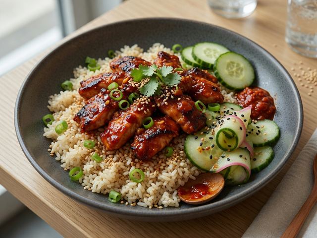Gochujang Chicken Grain Bowls with Quick Pickled Cucumbers