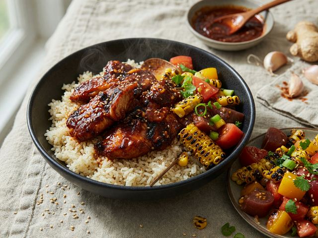 Gochujang Chicken Rice Bowls with Charred Corn & Tomato Salad