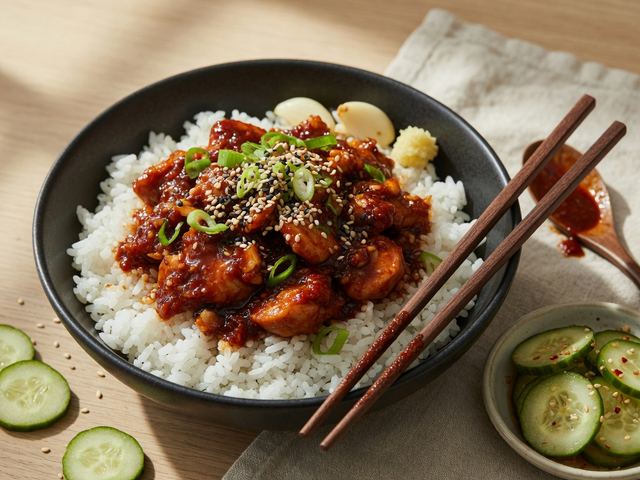 Gochujang Chicken Rice Bowls with Quick Cucumber Pickles
