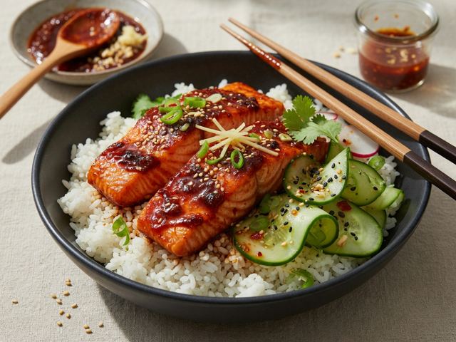 Gochujang-Glazed Salmon Rice Bowls with Quick Cucumber Pickle