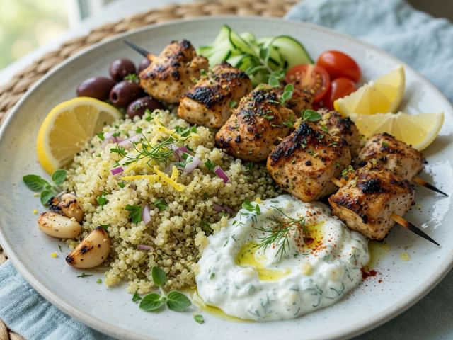 Greek Chicken Souvlaki Bowls with Lemon Quinoa & Tzatziki