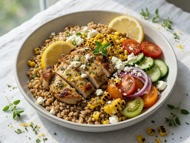 Greek Lemon Chicken Farro Bowls with Charred Corn & Tomato