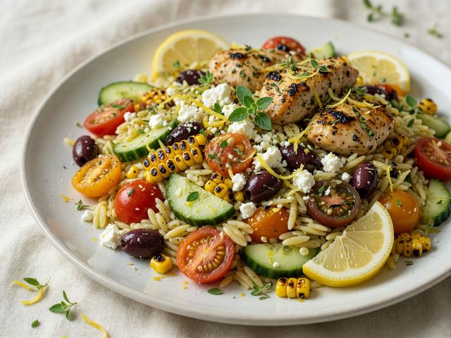 Greek Lemon Chicken Orzo Salad with Charred Corn & Tomatoes