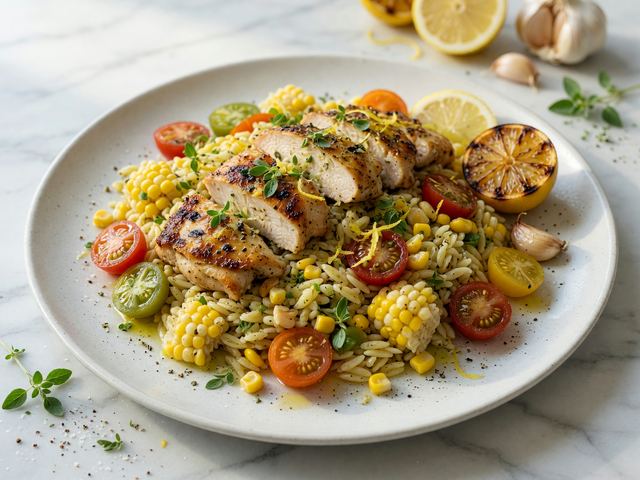 Greek Lemon Chicken Orzo Salad with Tomatoes & Corn