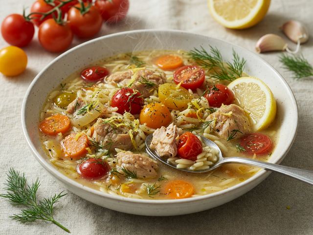 Greek Lemon Chicken Orzo Soup with Burst Tomatoes