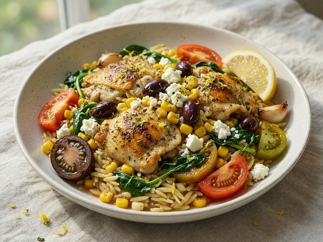 Greek Lemon Chicken Orzo with Heirloom Tomatoes & Corn