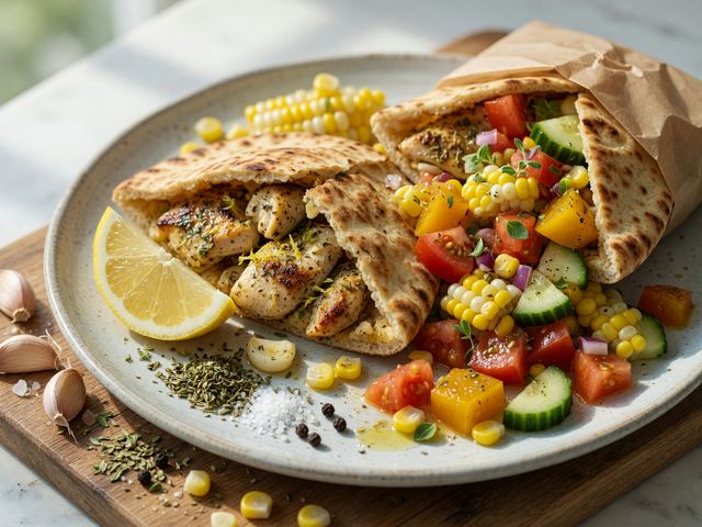 Greek Lemon Chicken Pita Packs with Tomato-Corn Relish
