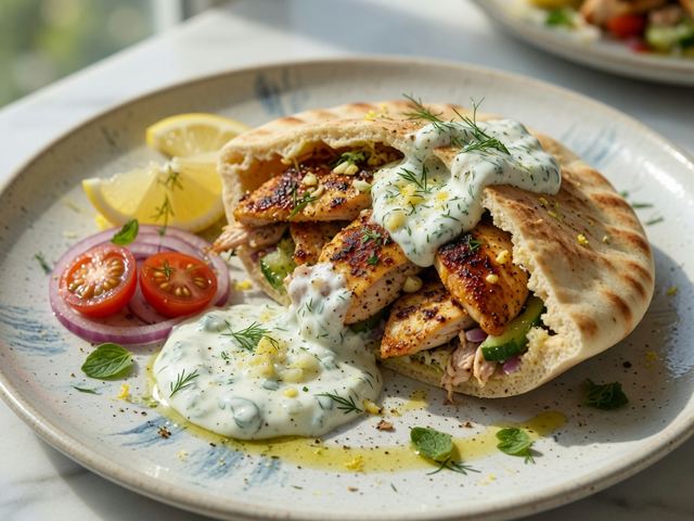 Greek Lemon Chicken Pita Wraps with Cucumber Yogurt Sauce