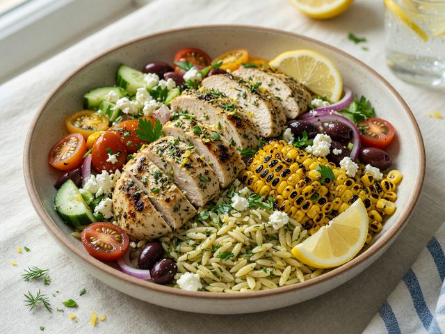 Greek Lemon-Herb Chicken Orzo Bowls with Charred Corn