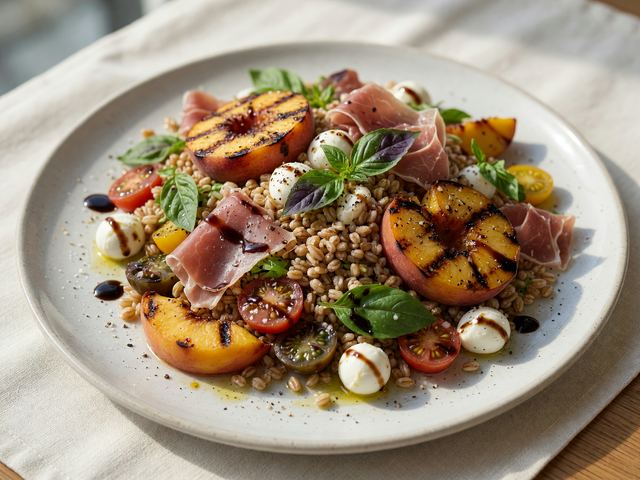 Grilled Peach Caprese Farro Salad with Prosciutto