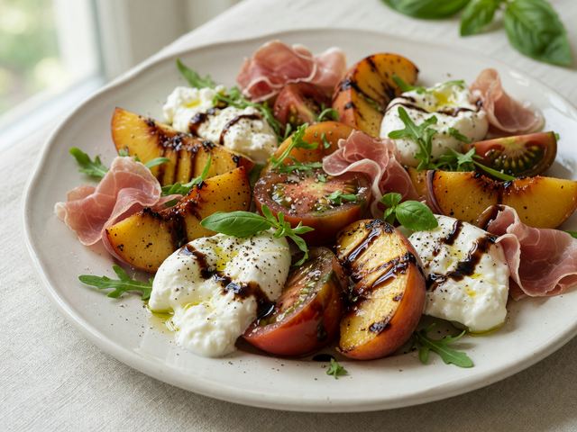 Grilled Peach Caprese Salad with Burrata and Prosciutto
