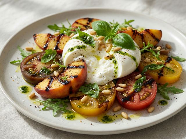 Grilled Peach Caprese Salad with Burrata & Basil Oil