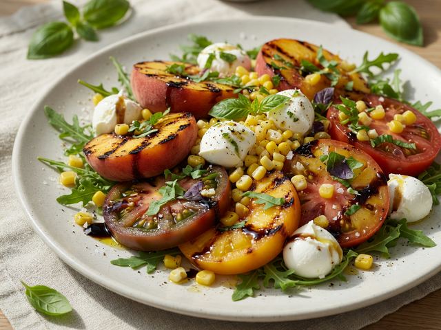 Grilled Peach Caprese Salad with Heirloom Tomatoes & Corn
