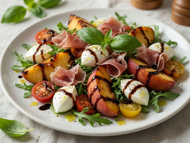 Grilled Peach Caprese Salad with Prosciutto & Balsamic Glaze
