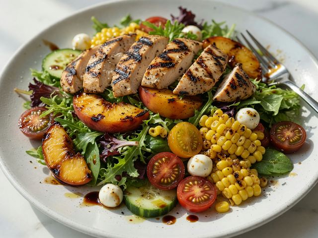 Grilled Peach Chicken Salad with Tomato-Corn Crunch