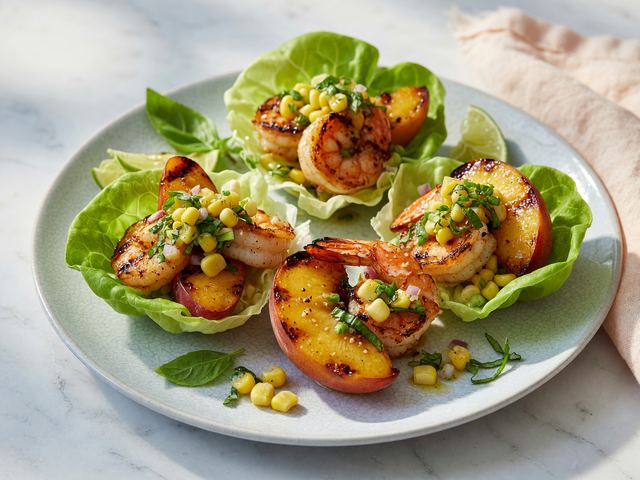 Grilled Peach Shrimp Lettuce Cups with Basil Corn Relish