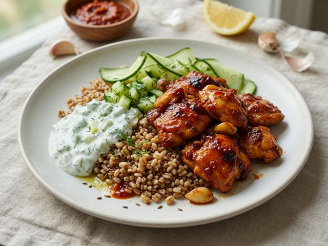 Harissa Honey Chicken Grain Bowls with Cucumber Yogurt