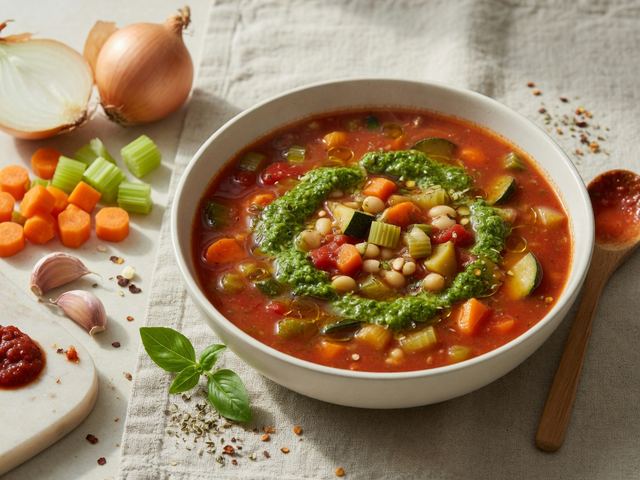 Hearty Vegetable Minestrone Soup with Pesto Swirl
