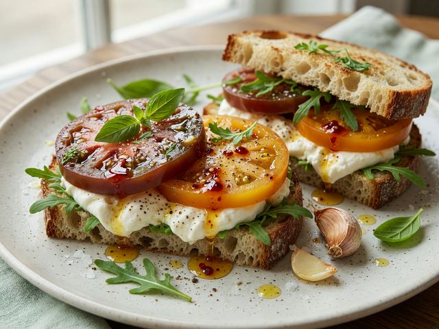 Heirloom Tomato Burrata Sandwiches with Hot Honey