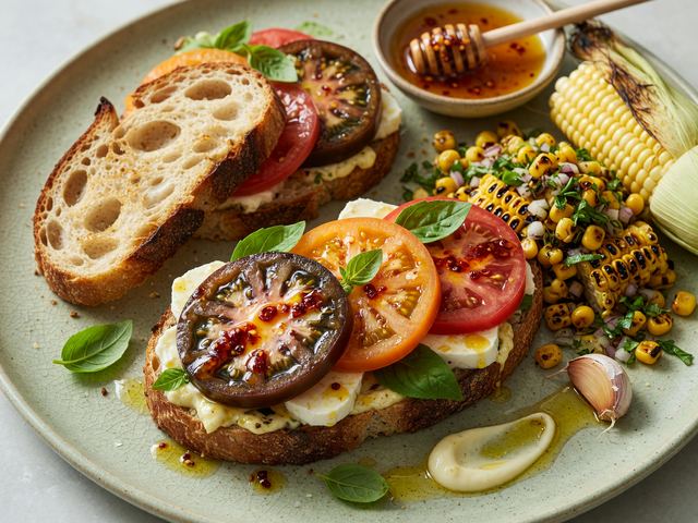 Heirloom Tomato Sandwiches with Charred Corn Relish & Hot Honey