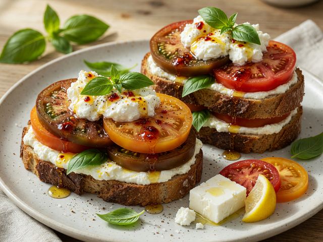 Heirloom Tomato Toast Stacks with Whipped Feta & Hot Honey