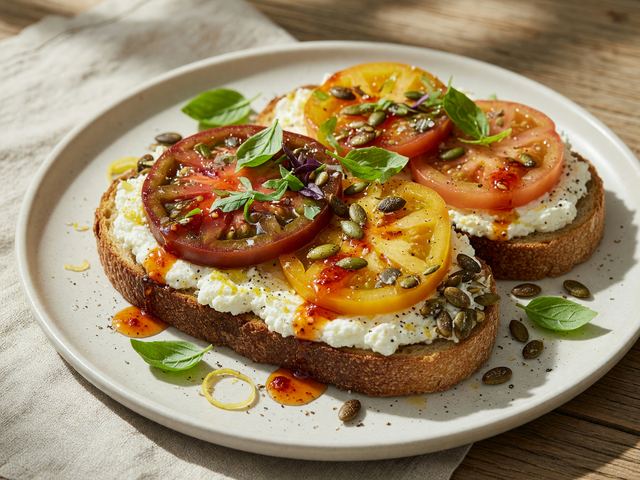 Heirloom Tomato Whipped Ricotta Toasts with Hot Honey Crunch