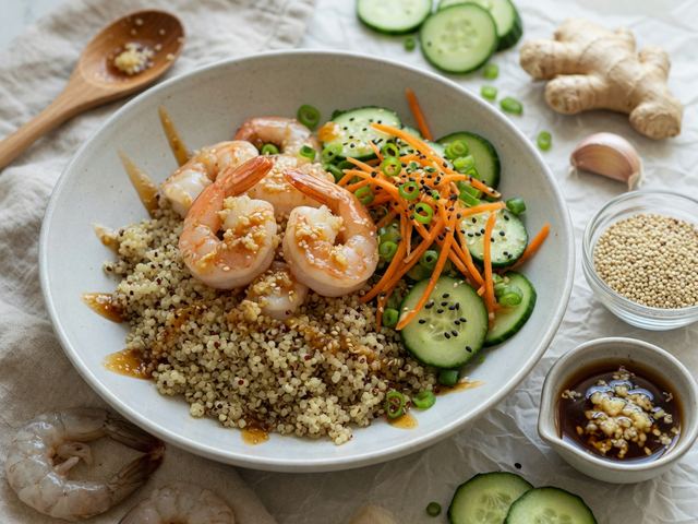 Honey Garlic Shrimp Quinoa Bowls with Cucumber Salad