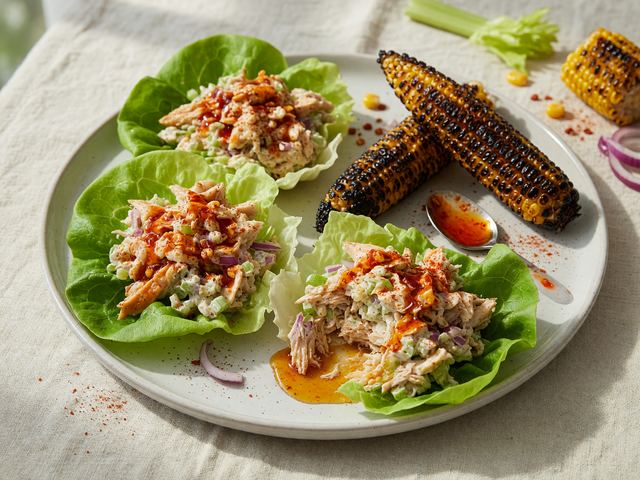 Hot-Honey Chicken Salad Lettuce Wraps with Charred Corn