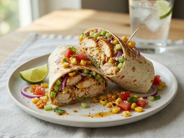 Hot Honey Chicken Salad Wraps with Tomato-Corn Crunch