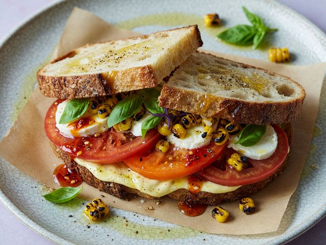 Hot-Honey Heirloom Tomato Sandwiches with Charred Corn