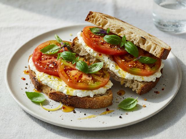 Hot-Honey Heirloom Tomato & Whipped Ricotta Sandwiches