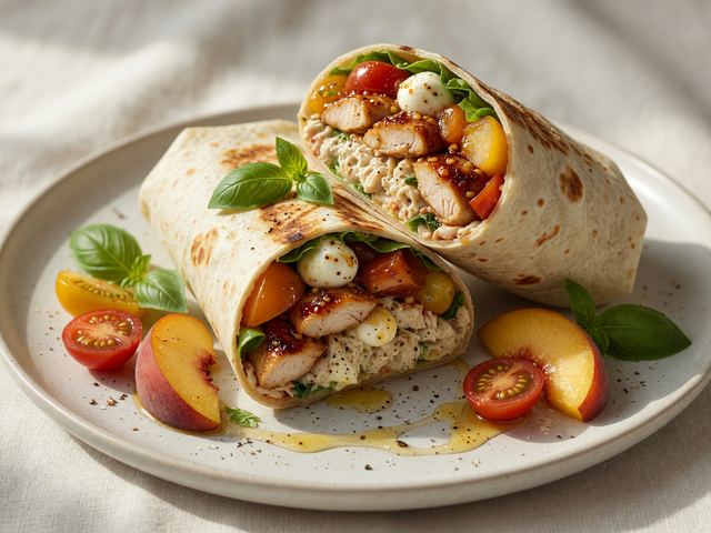Hot-Honey Peach Caprese Chicken Salad Wraps